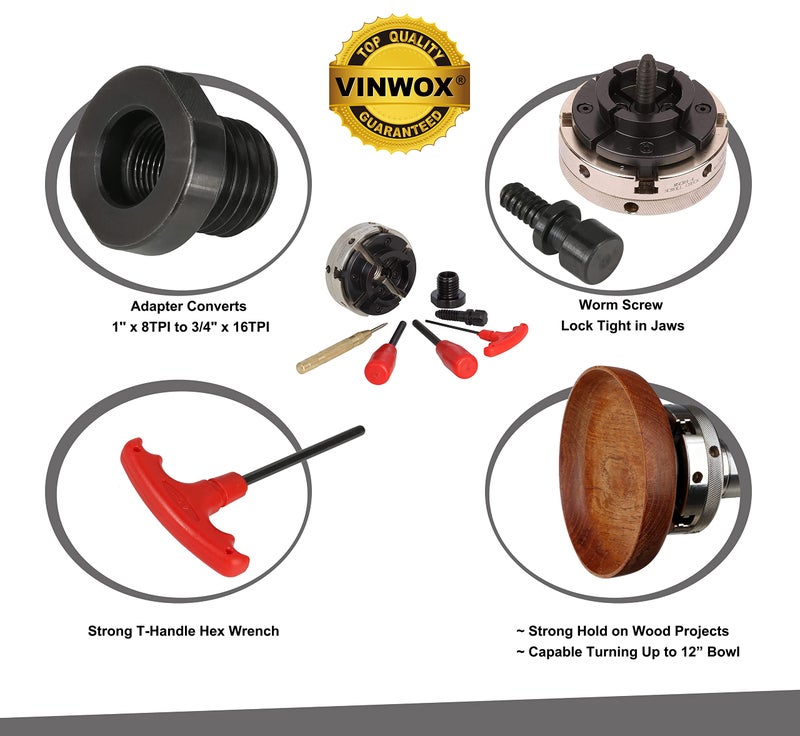 VINWOX 4INCH 4-Jaw Self-Centering Wood Lathe Chuck, 2" Round Jaw Mounted, 1"x8TPI thread & 3/4"x16TPI Adapter, T Allen Wrench, Screw Chuck, SCR4-4, Nickle electric Coating Body - Image 2